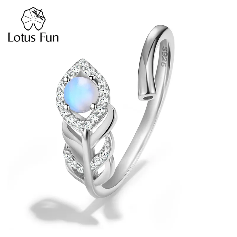 Lotus Fun Zirconia Natural Blue Moonstone Adjustable Feather Dating Rings for Women Real 925 Sterling Silver Luxury Fine Jewelry