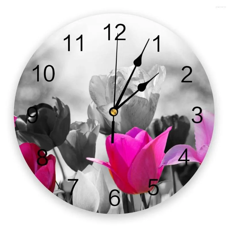 Wandklokken Kleurrijke Tulpen Lente Keuken Ronde Desktop Digitale Klok Niet-tikkend Creatief Kinderkamerhorloge