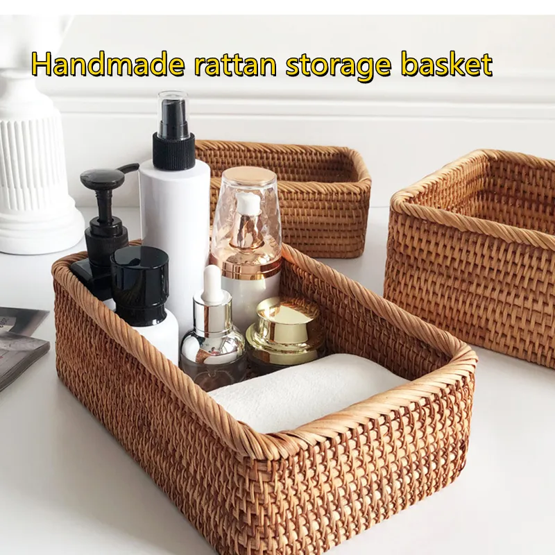 Storage Baskets Hand-woven Rattan Wicker Basket Fruit Tea Snack Bread Basket Cosmetic Rectangular Storage Box Household Kitchen Supplies 230621