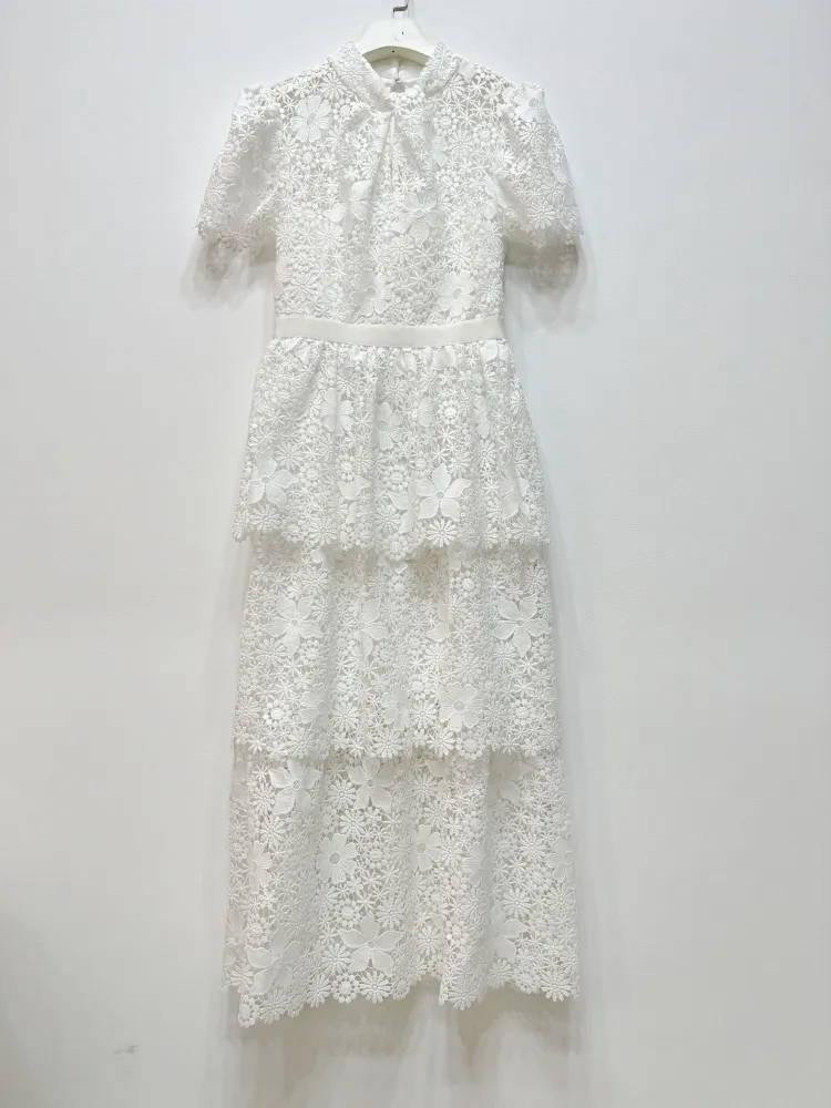 Casual Dresses S/Elf-Portrait Lace Midi Dress Short Sleeve A-Line Midi Dress for Women White