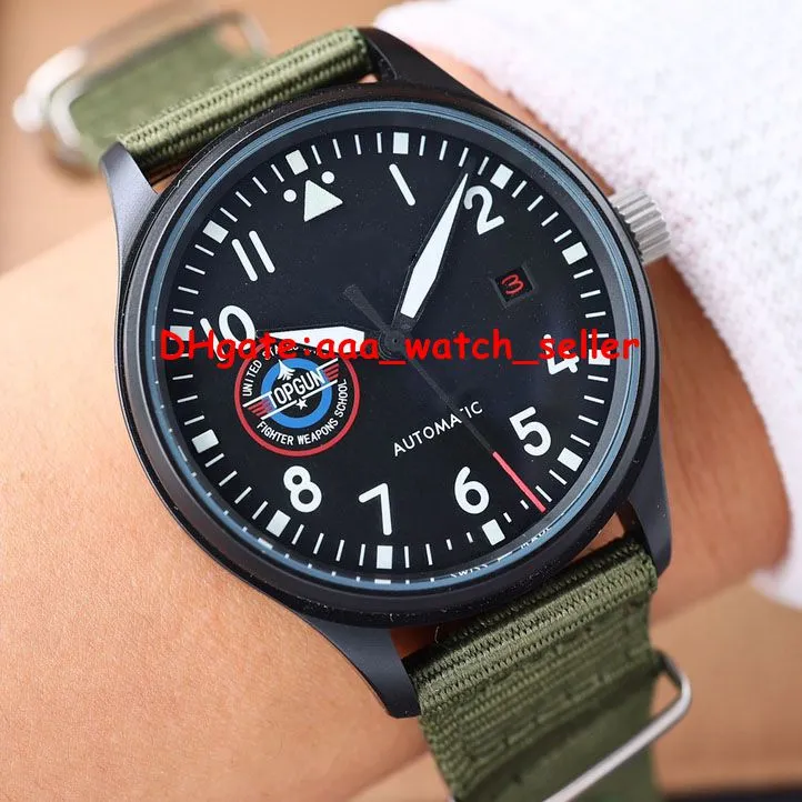 3 Stile, hochwertige, luxuriöse Herren-Fliegeruhren, 41 mm, Mark 18, schwarzes Gehäuse, 35111, mechanisches Automatikwerk, rotes Datum, Nato-Armband, Saphirglas, leuchtende Sportarmbanduhren