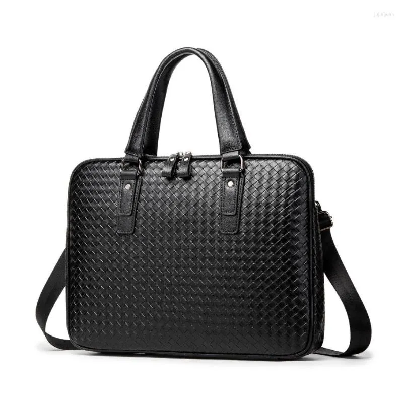 Briefcases 2023 Woven 14 Inch Laptop Bags Pu Leather Men's Briefcase Weave Male Handbags Messenger Computer Bag