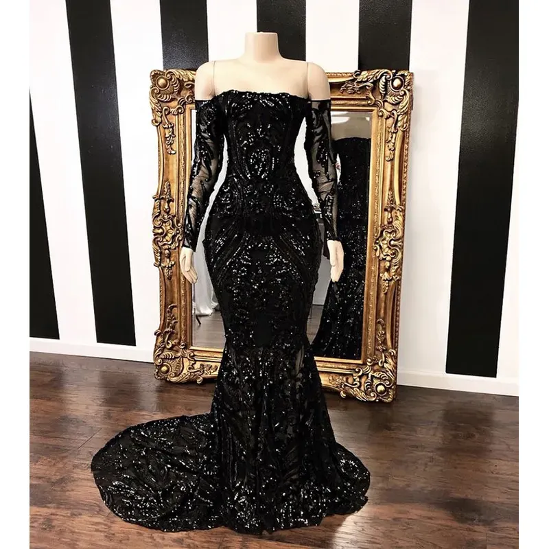 the Vestidos Off Shoulder Mermaid Prom Dresses New Black Long Sleeve Sweep Strain Sequined Formal Evening Dress Party Gown