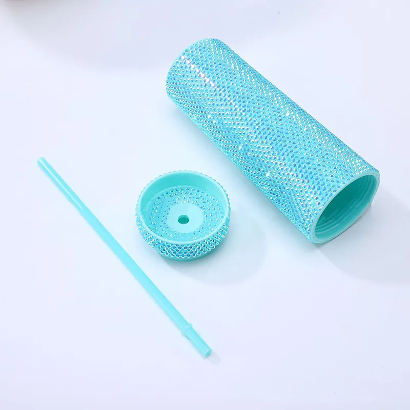 16oz Tumbler Double Wall Bling Water Bottle Glitter Rhinestone Plastic Cup With Lid Straw For Home Office Party Beach