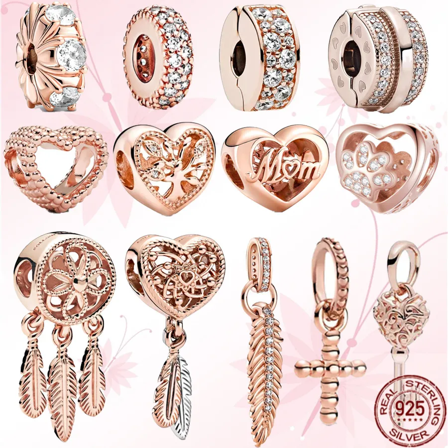 925 Sterling Silver Dangle Charm Rose Gold Spiritual Dream Catcher Beads Fit Fit Oryginalny Pandora Bransoletka Prezent biżuterii