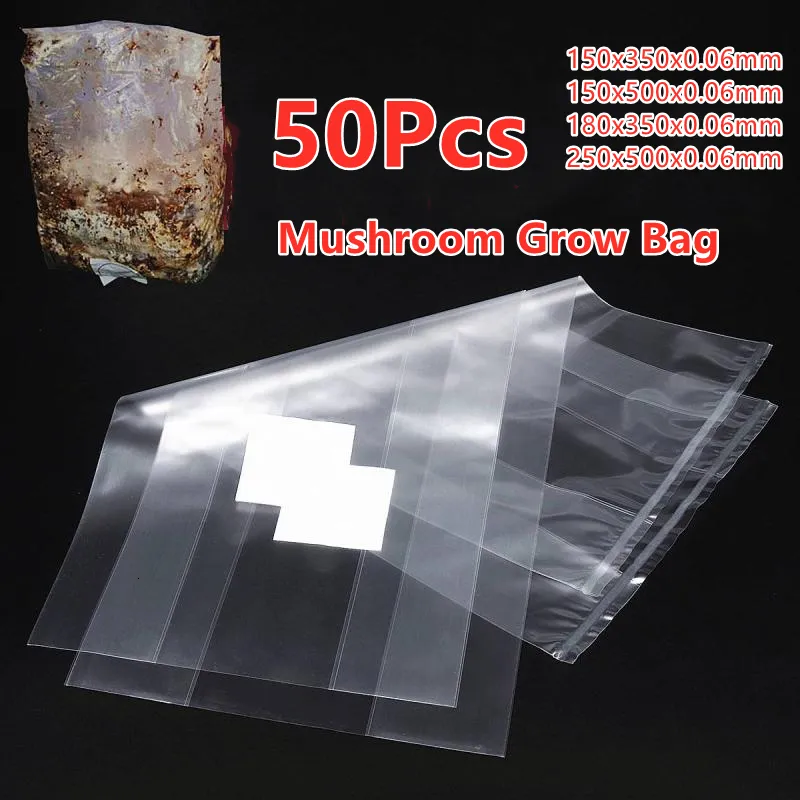 Çiziciler Potlar 4 Boyutlar 50 PCS PVC Mantar Yumurtlama Çanta Substratı Yüksek Temp Ön Sızdırmazlık Bahçe Malzemeleri Mantarlar Mantar Çanta Çantaları 230621