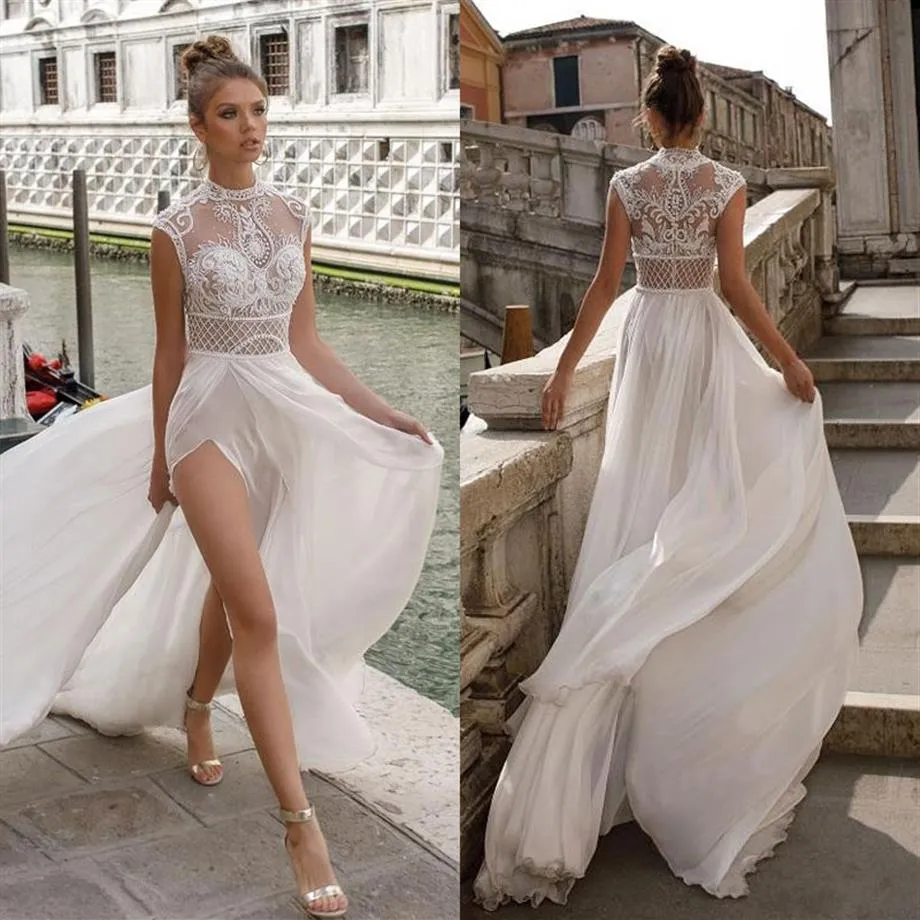 Julie Vino 2019 Vestidos de novia con aberturas altas Vestidos de novia con apliques de encaje sexy de Bohemia Una línea Vestido de novia de playa 299E