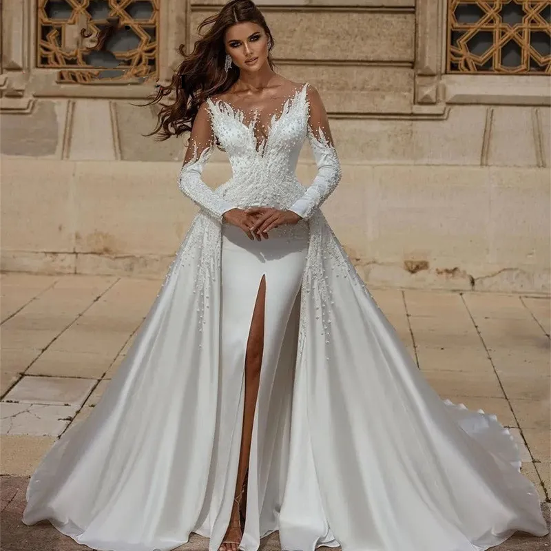 Luxury Mermaid Wedding Dresses Front Slit Pearls Beaded Satin Long ...