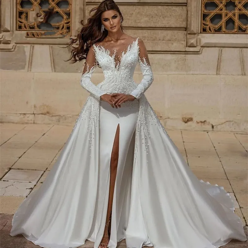 Vestidos de noiva de sereia de luxo com fenda frontal, pérolas, frisados, cetim, mangas compridas, vestidos de noiva com trem destacável, decote transparente, moderno, árabe, Dubai, vestido De Novia