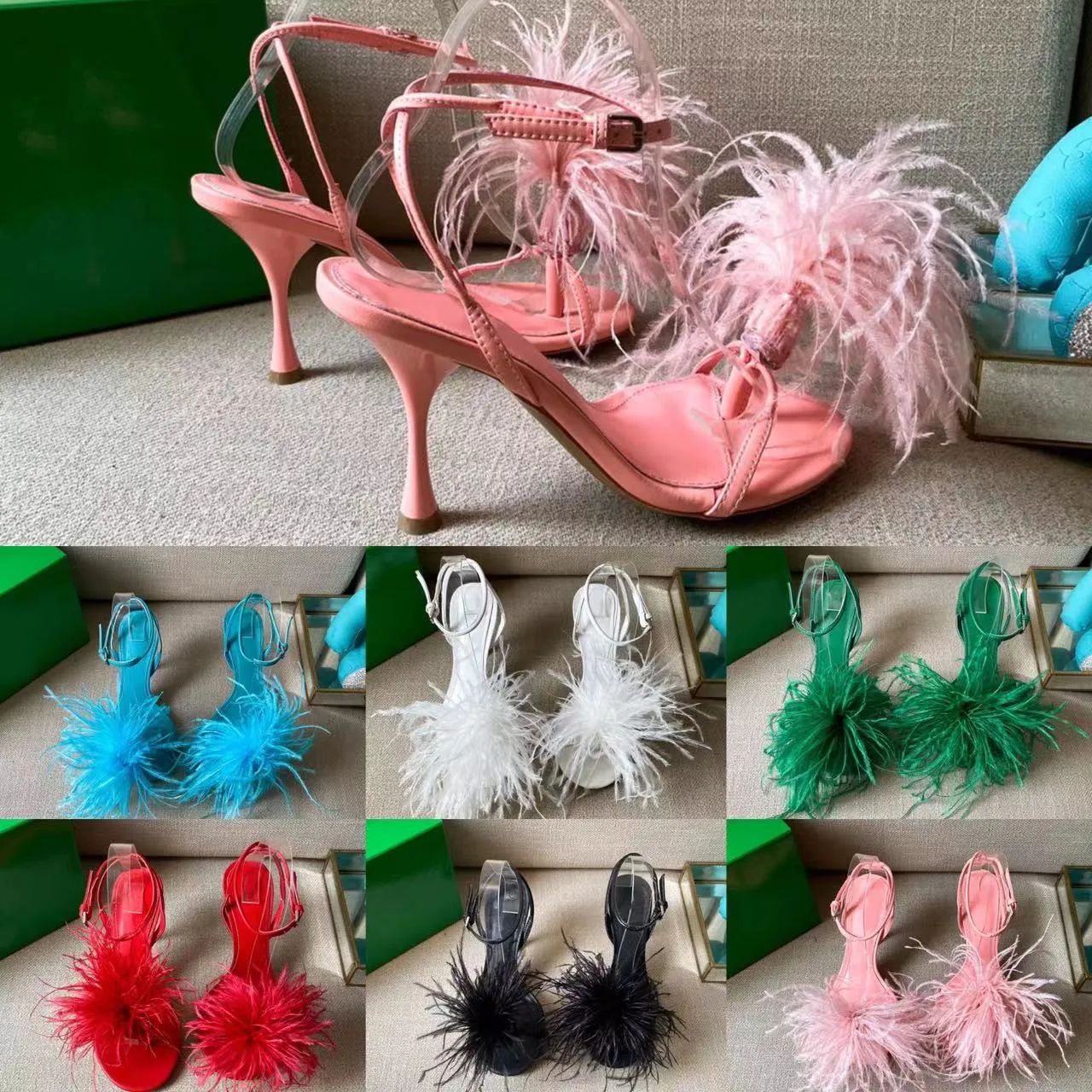 Designer Strap Aiuto per capelli Ostrich One Feathers Women Sandals Teli alti pelosi con tallone sottile sexy a punta all'aperto con scarpe con scatola 69 y 311 69740 y 740