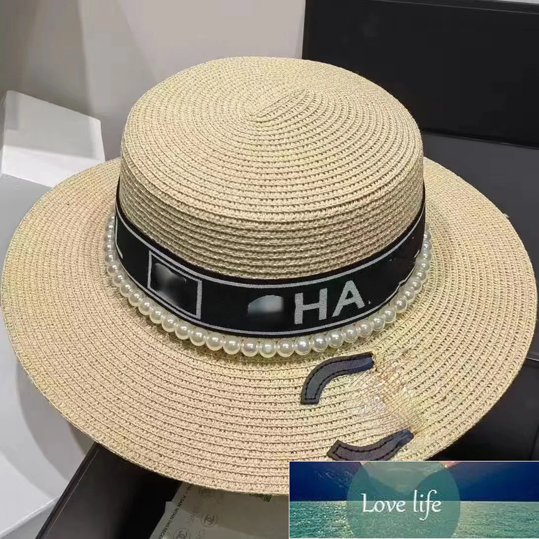 Fashion Straw Hat Summer New Water Pearl Letter Mark Big Brim Flat Top Hat Seaside Beach Sun Hats Classic