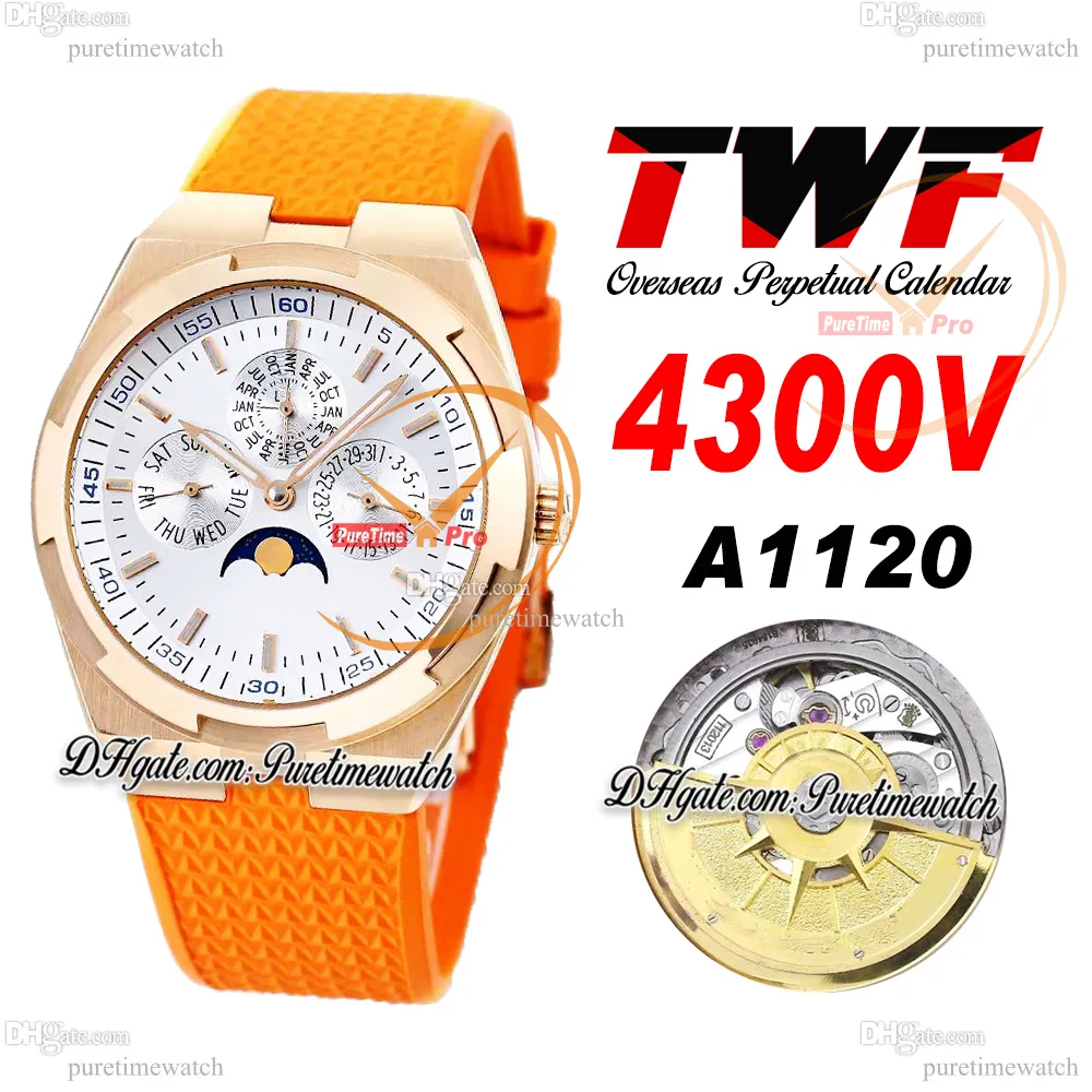 TWF Overseas Perpetual Calendar Moonphase 4300V A1120 Montre automatique pour homme Or rose Cadran argenté Caoutchouc orange Super Version Reloj Hombre Edition Puretime A1