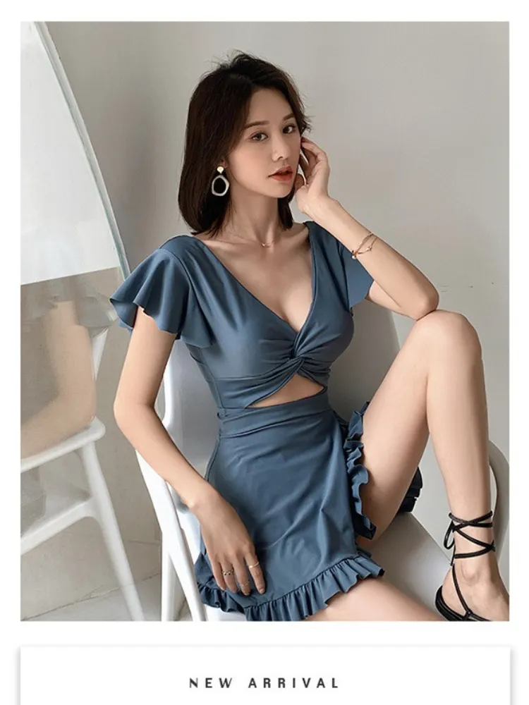 Swimsuit Female 2020 Korean Slimming Cover Belly Conservative Student Girl Sexy Backless Split Swim Dress Back V Shape