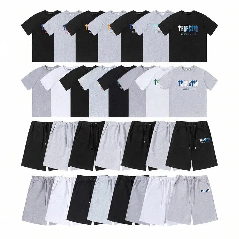 Trapstar Mens T Shirt Pants 2 Piece Sets Designer Rainbow Toalha Bordado Decoding Summer Tshirts Men Black White Round Neck T-shirt U276#