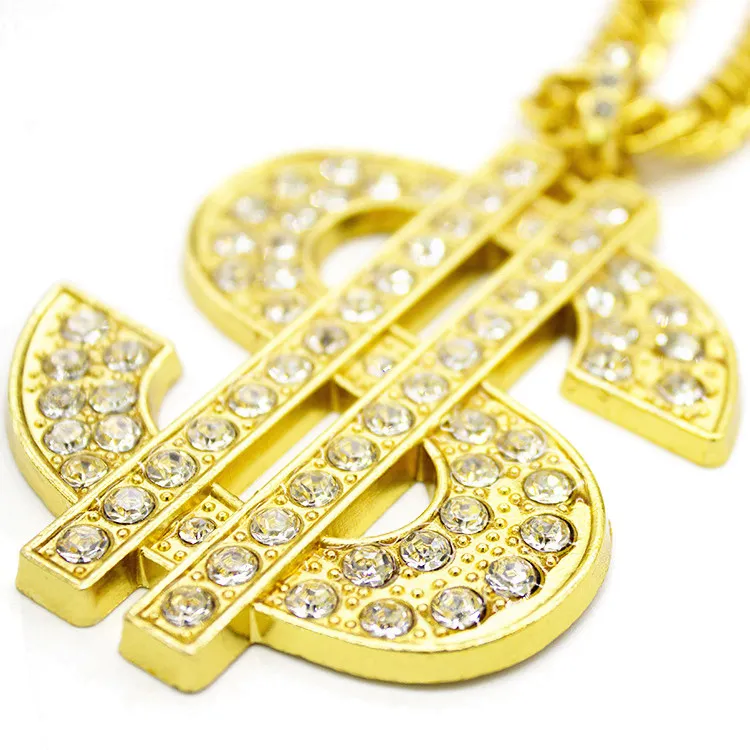Hip Hop Rappeur diamant brillant pendentif collier dollar brillant grand pendentif personnalité créative micro-encart plein zircon bijoux 76cm collier 1363