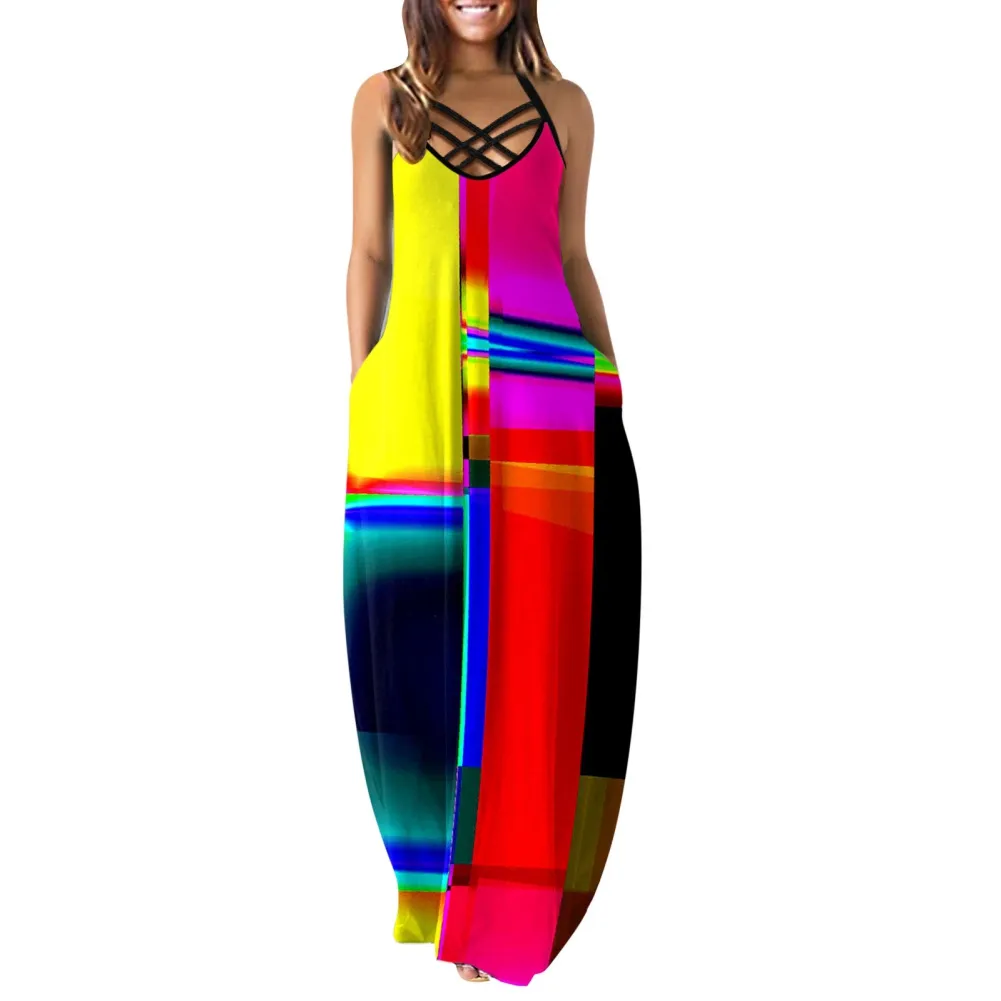 Kvinnor mode färgglada tryck utomhus sling klänning sommar lös passform ärmlös spaghetti strap strandklänning med