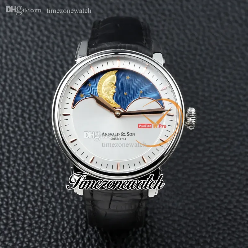 New 42mm Arnold&Son HM Perpetual Moon A1GLARI01AC122A Steel Case White Dial Mechanical Hand Winding Mens Watch Black Leather Strap Watches UK Cool Timezonewatch