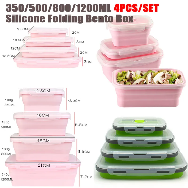 Boîtes à bento 4pcs / set Boîte à lunch rectangulaire en silicone Boîte à bento pliable Bol de récipient alimentaire pliable 300/500/800/1200 ml pour vaisselle 230621