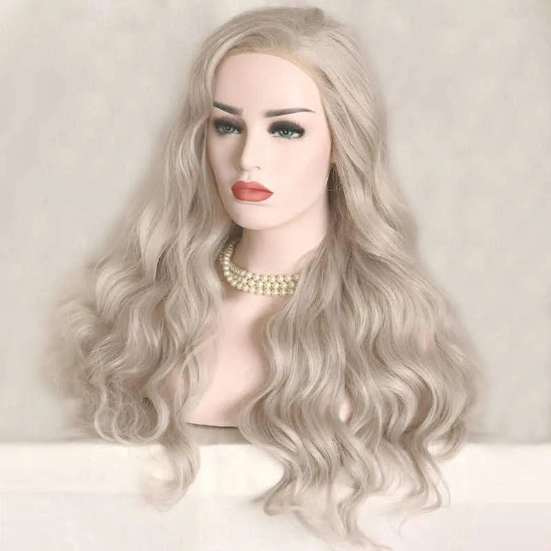 Kadın ısıya dayanıklı dantel ön peruklar kadınlar için sentetik peruk gümüş gri dantel peruk ön kopuk cosplay peruk doğal dalga saç 230524