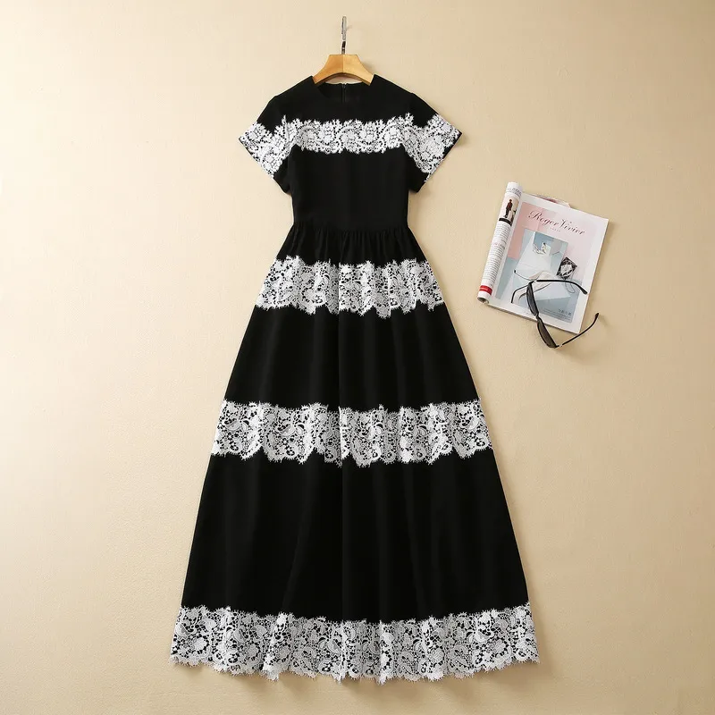 2023 Summer Black Contrast Kolor Koronkowy sukienka z krótkim rękawem okrągła szyja midi sukienki S3L220621