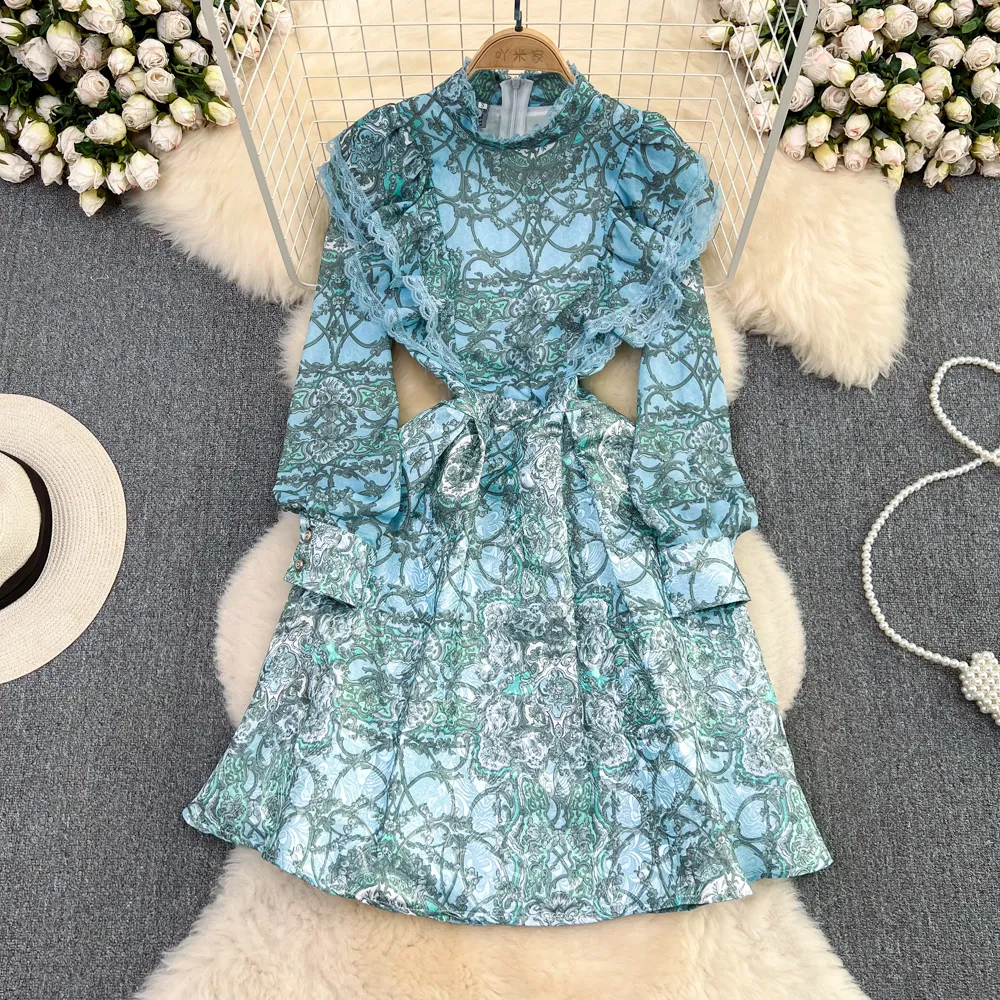 Women's Blue Jacquard Dress with Ruffled A-line, Knee-length and Bow Neckline