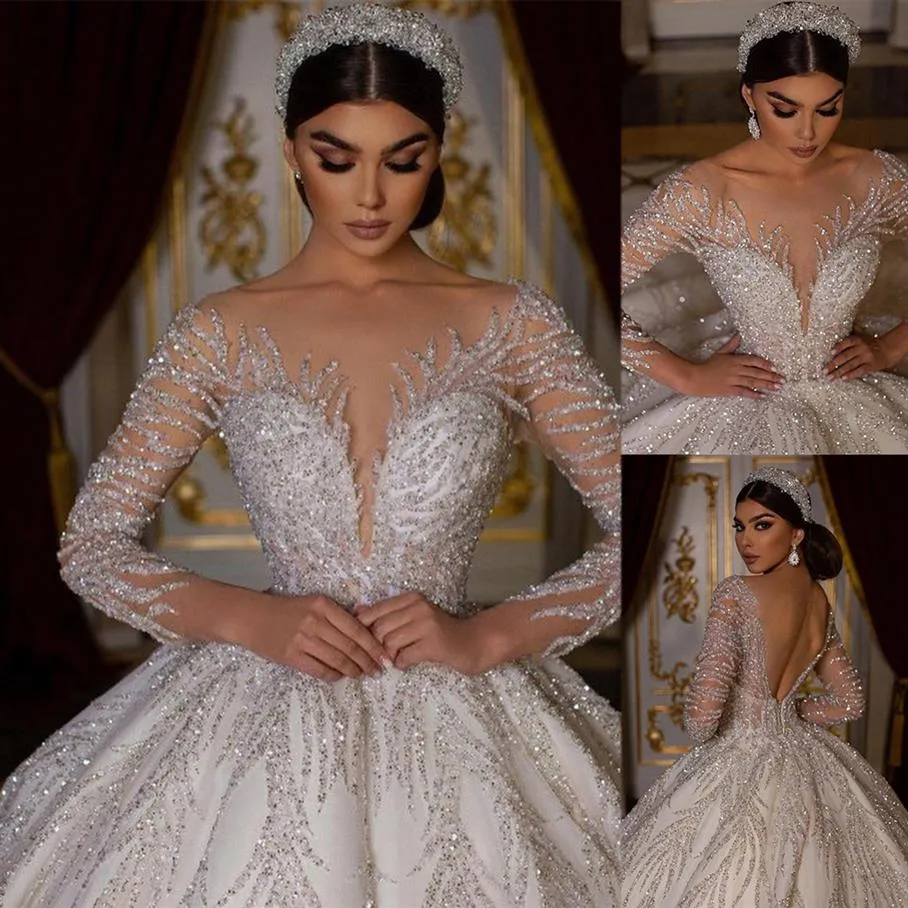 Dubai Princess Ball Gown Abito da sposa 2022 Paillettes scollo a V manica lunga perline Abiti da sposa di lusso Abiti da sposa in cristallo de mariee314N