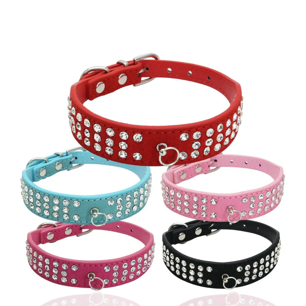 Personlig längd Suede Skin Juvelerade Rhinestones Pet Dog Collar Tre rader Sparkly Crystal Diamonds Studded Puppy Dog Collar DH0865