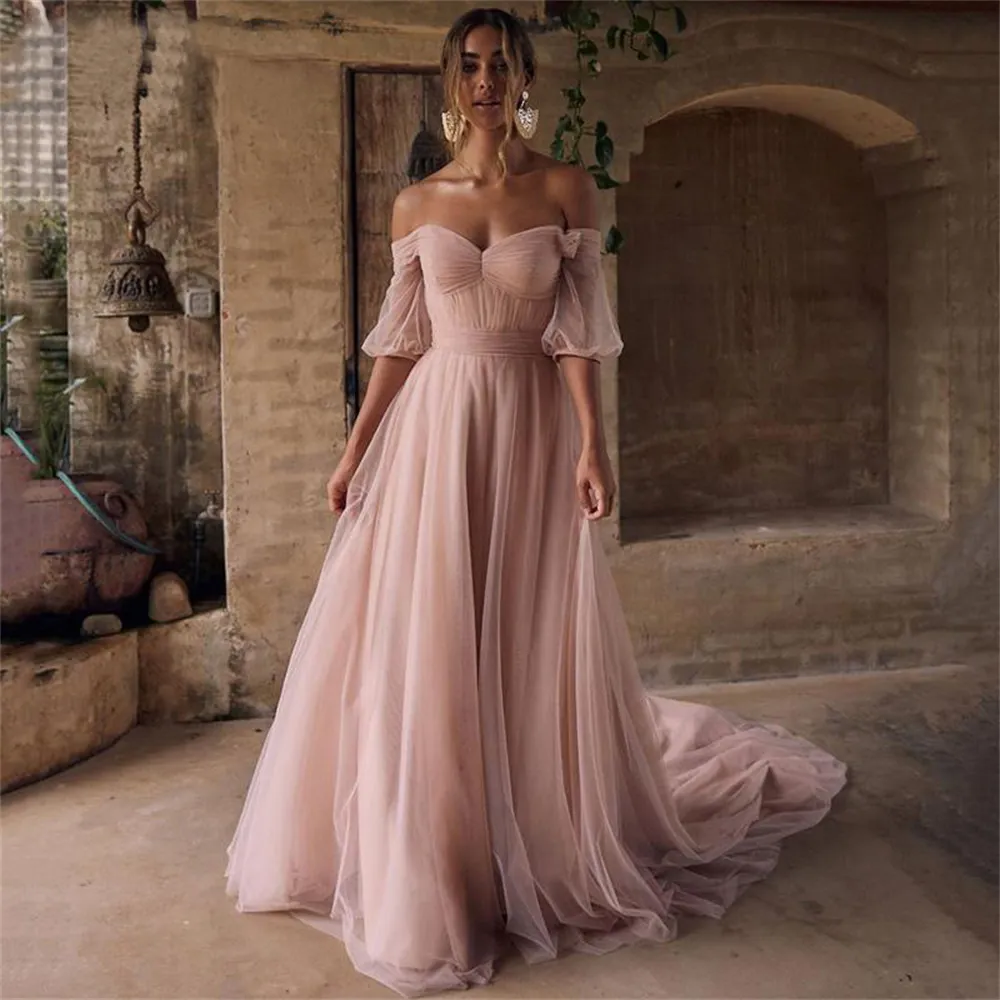 Pink Prom Dresses Boho Beach Evening Dress Off Shoulder Vintage Billiga festklänningar med kort ärm plus storlek Vestidos