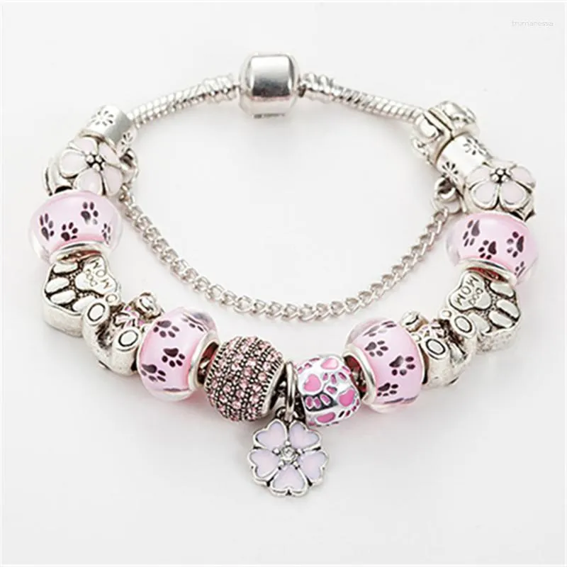 Charm Bracelets 2023 Fashion Silver Plated Color Flower Pendant Cute Pand Bracelet With Pink Chamilia Beads For Women Raym22