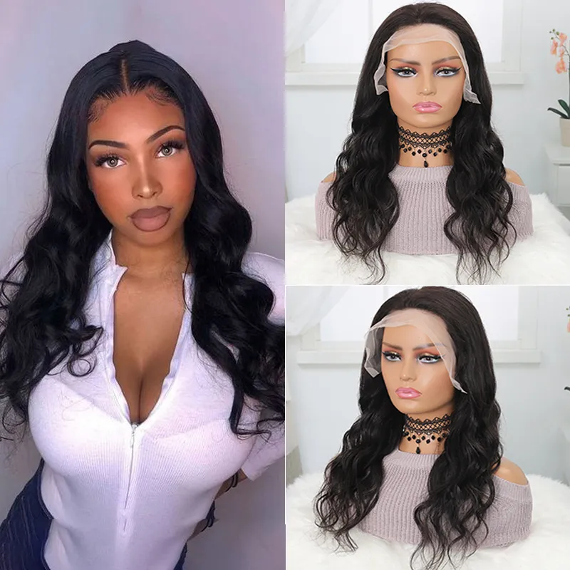Long Bob Body Wave Human Hair Lace Front Perk för svarta kvinnor - Förpluckad 13x4 spets frambob peruker med naturlig hårfäste