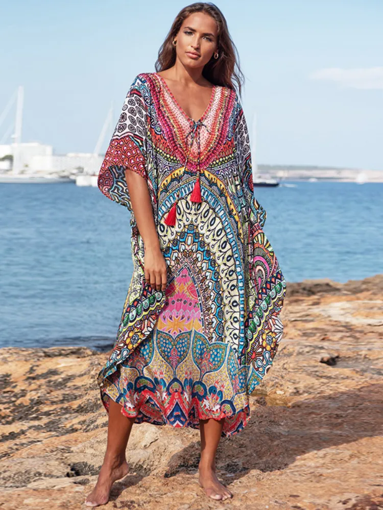 Strand Kaftans voor Dames India Folk Bloemen Gedrukt Cover-ups V-hals Kwastje Maxi-jurken Casual Badpakken Sneldrogend