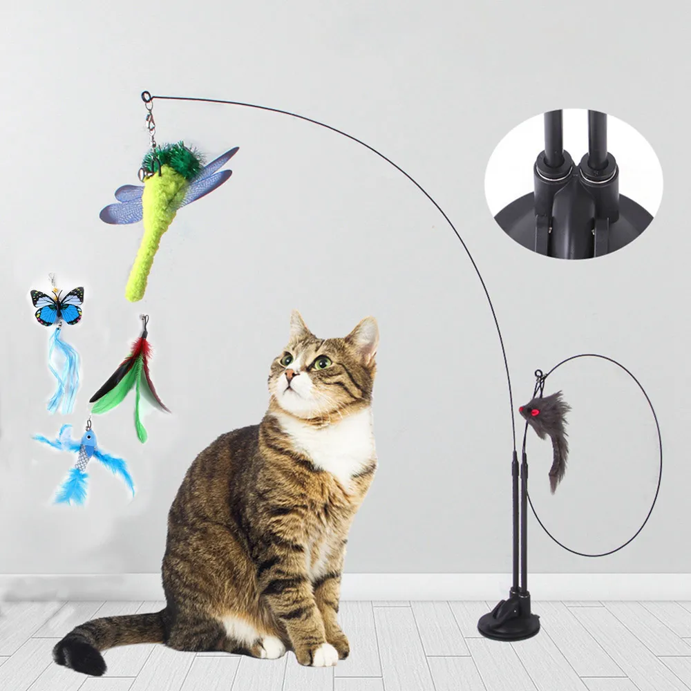 Interactive Cat Toys Funny Simulation Feather Bird With Suction Cup Cat Stick Toy för kattunge som spelar teaser Wand Toy Supplies