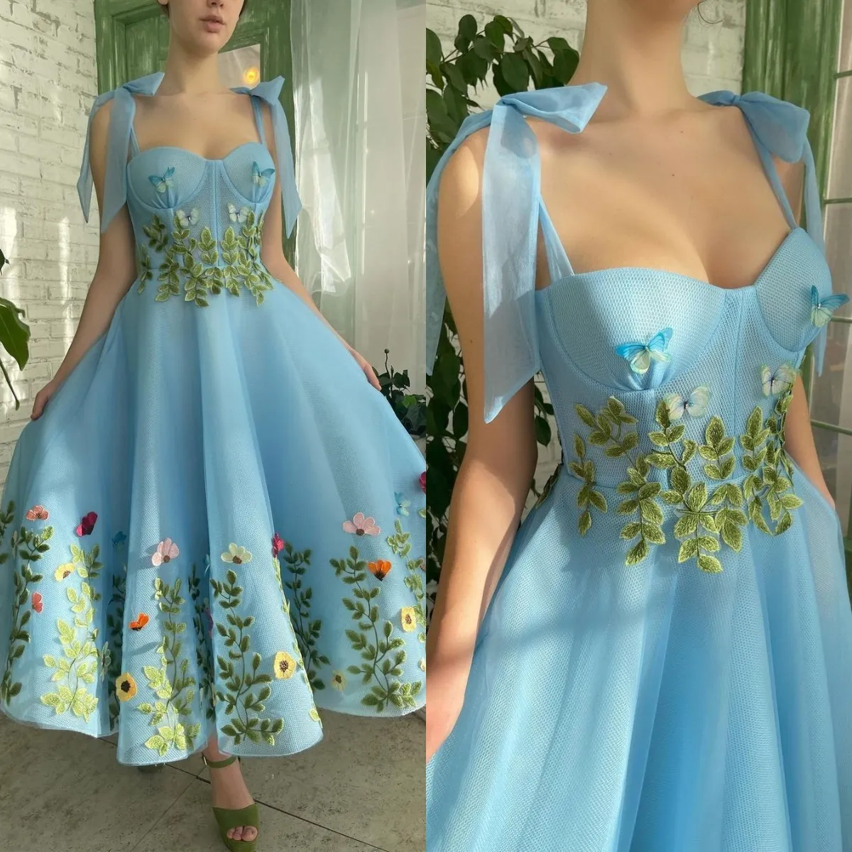 Vestidos azuis elegantes espaguete de folhas de flores Apliques de baile de primavera Vestido do tornozelo do tornozelo Vestido de casa
