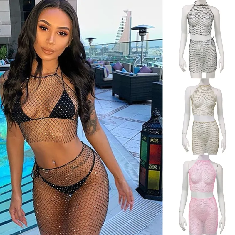 Women Mesh Fishnet Cover Up Mini Skirt Set Sexy Hollow-Out Bikinis Cover-Ups Beach Rhinestones Swimsuit