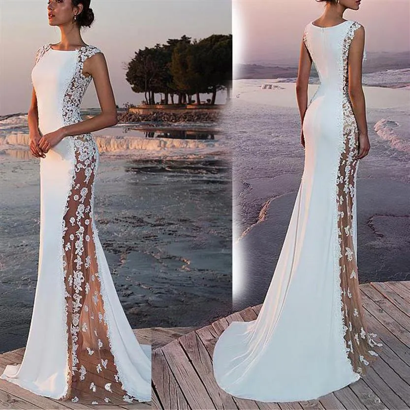 Été Blanc Bohème Plage Sirène Robes De Mariée 2019 Dentelle Satin Bijou Revers Robes De Mariée Balayage Train Longueur Sirène Dress326F