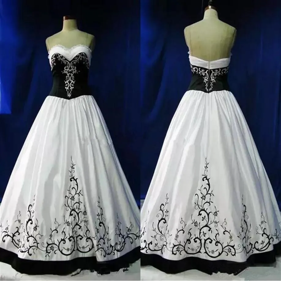 Vintage Gothic country Trouwjurken Zwart-wit Borduurwerk kralen Sweetheart bruidsjurken Vestidos De Novia plus size284d
