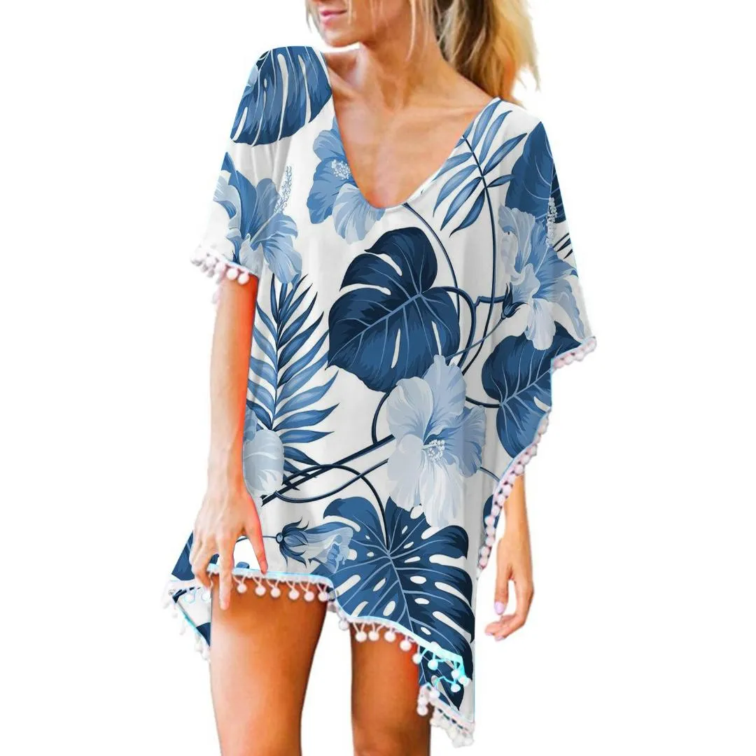 2023 frauen Quasten Bademode Bikini Cover Up Strand Tragen Floral Mini Strand Kleid Kaftan Chiffon Lose Tops Für Schwimmen