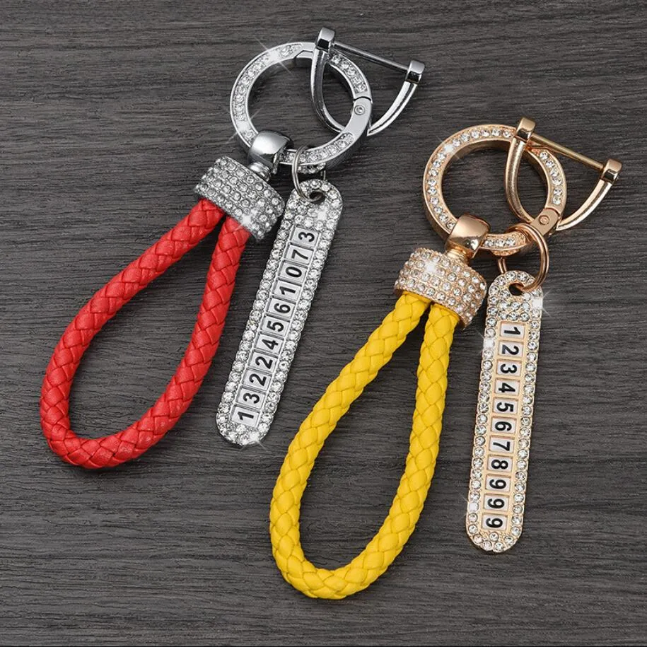 Anti-lost Phone Number Plate Car Keychain Auto Luxury Rhinestone Pendant Key Chains Cell Phone Ornament Key Rings Accessories