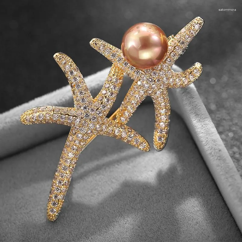 Brooches Simple Elegant Pearl Crystal Cute Starfish For Women Men Luxury Silver Color Zircon Alloy Animal Brooch Safety Pins