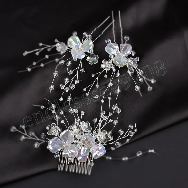 Pettini capelli in cristallo da sposa 3 pezzi Set di gioielli da sposa fiori Bastoncino capelli Colori strass lucidi Accessori capelli carini squisiti