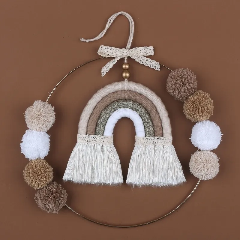 Plush Wall Stuff Nordic Lace Macrame Rainbow Tapestry Kids Baby Bedroom Decor Toys Handmade Metal Ring Pompom Ball Tapestry Wall Hanging Decor 230621