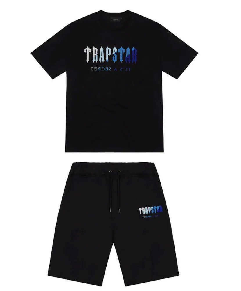 Mens Trapstar T -shirt Kort ärm Tryckdräkt Chenille Tracksuit Black Cotton London Streetwear Design of Motion 658ESS