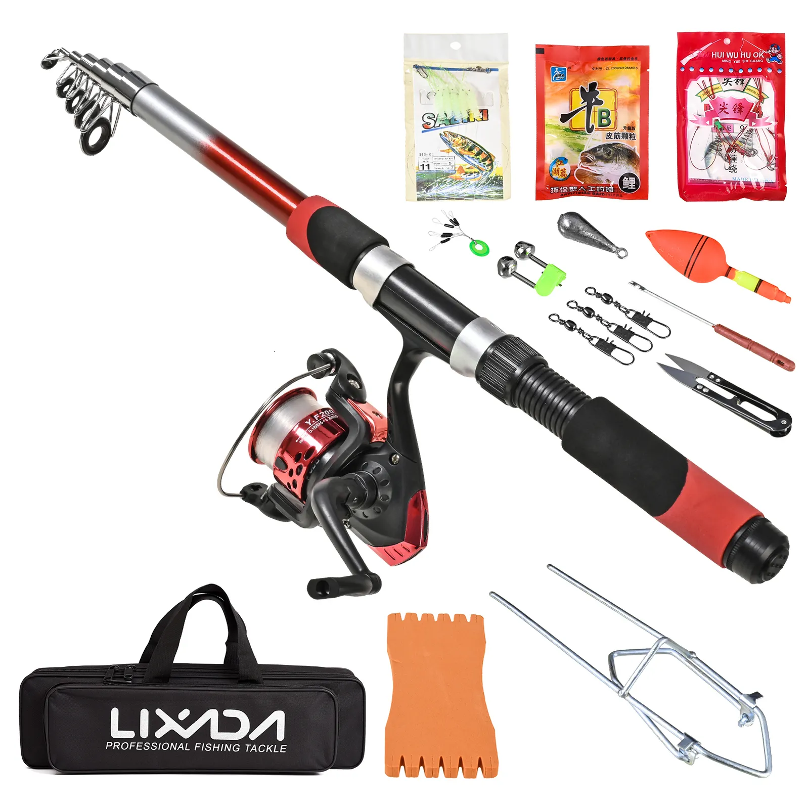 Canne da spinning Lixada 21m Canna da pesca telescopica Combo Kit completo Kit di attrezzatura Set Mulinello da pesce Esche Ganci Borsa 230621