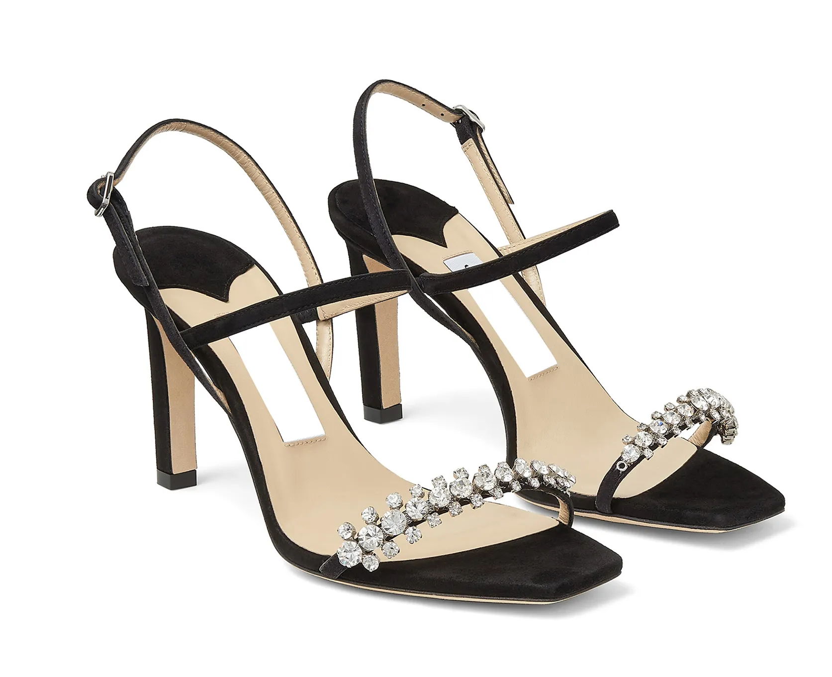 Ny sexig fyrkantig rusa Rhinestone öppen tå högklackade skor med mocka och designer Gladiator svarta kvinnors sandaler EU35-43 med låda