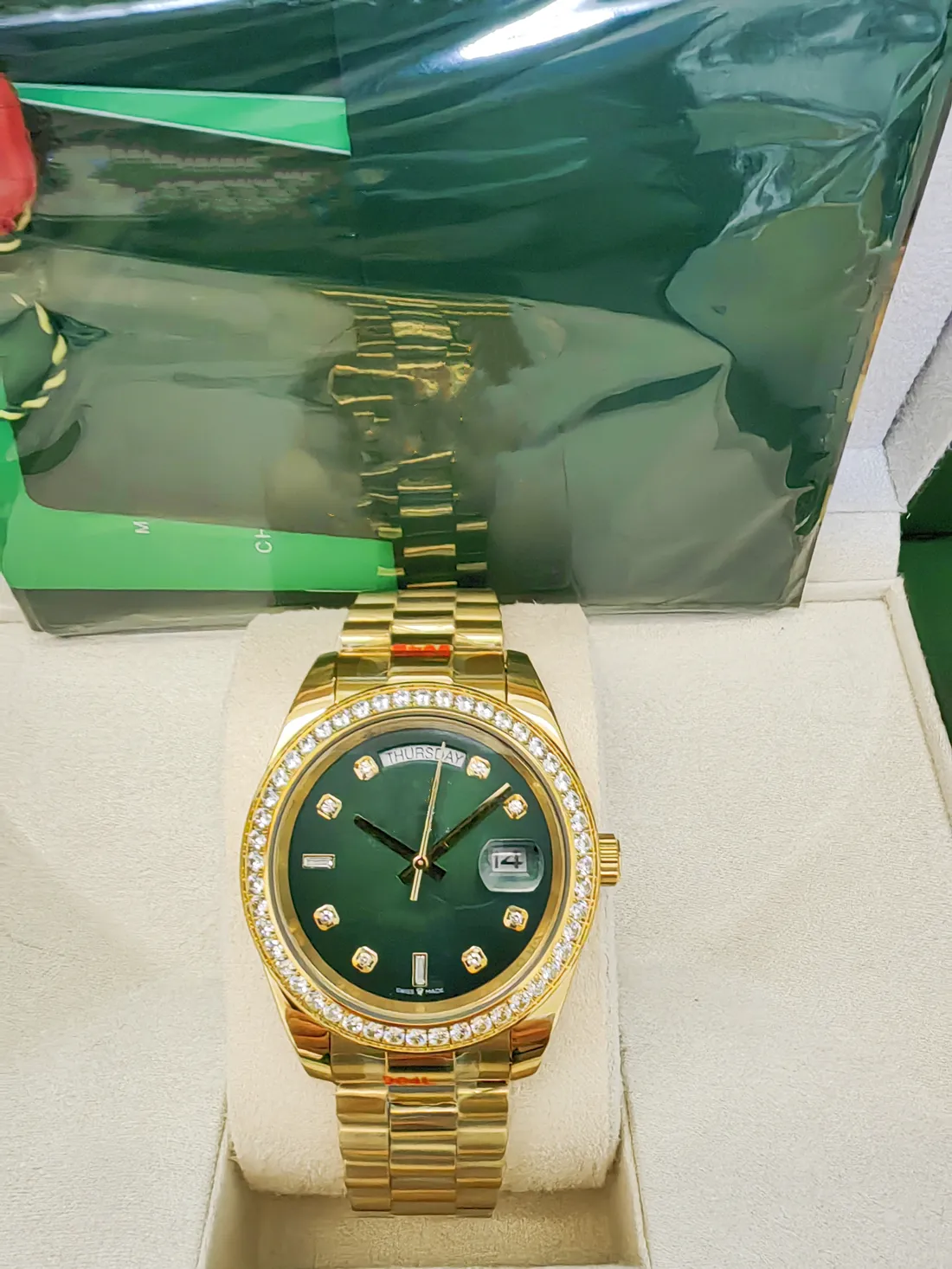 2024 Originalbox -Zertifikat 18K Gold Präsident männlicher Uhren Tag Datum Diamonds Green Dial Watch Männer Edelstahl Diamond Lünette Automatische Armbanduhr 2813