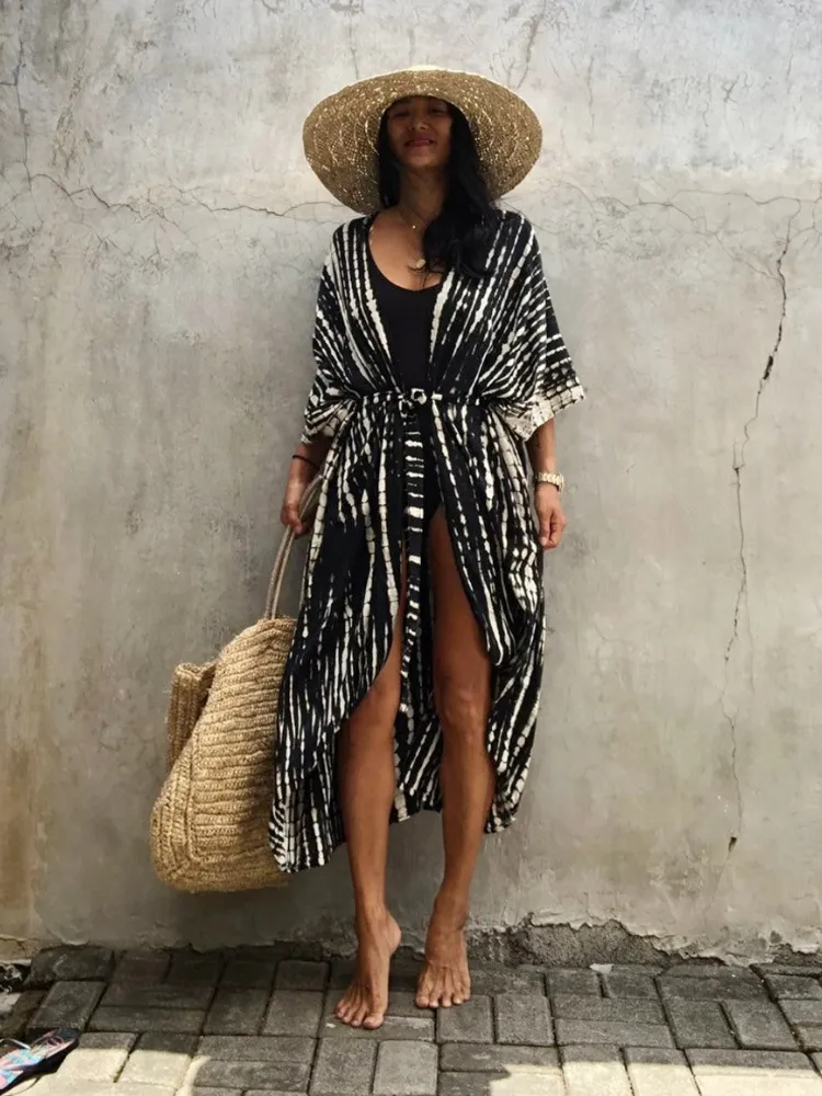 Summer Beach Cover Ups Vintage Imprimé Ceinturé Kimono Maillots De Bain Long Cardigan Casual Lâche Beachwear Tenues Maillot De Bain Couvre