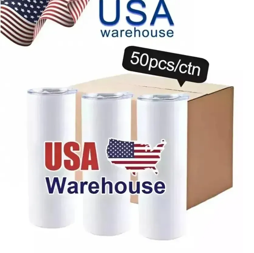 US CA VOORRAAD 25 pc/Carton Rvs Geïsoleerde Tuimelaars 20 oz Rechte Lege witte kop met deksel stro koffie Sublimatie Mokken DHL