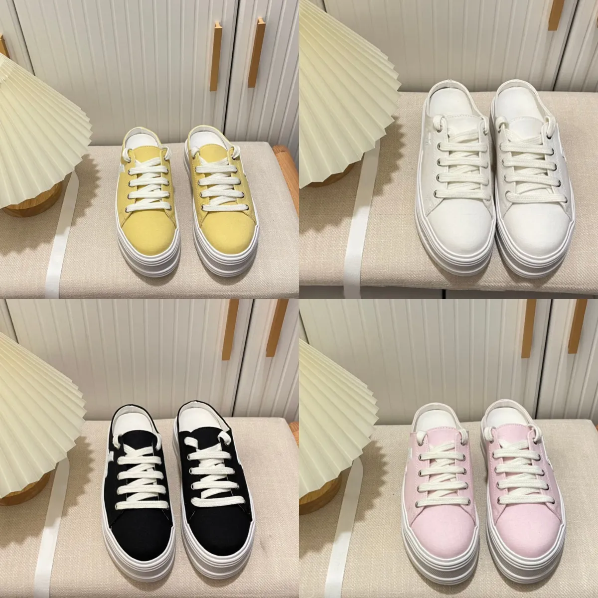 Nuove scarpe casual con fondo spesso piatte piccole scarpe bianche leggere scarpe firmate di lusso a metà trascinamento donne di tela quattro colori con dimensioni della scatola 35-40