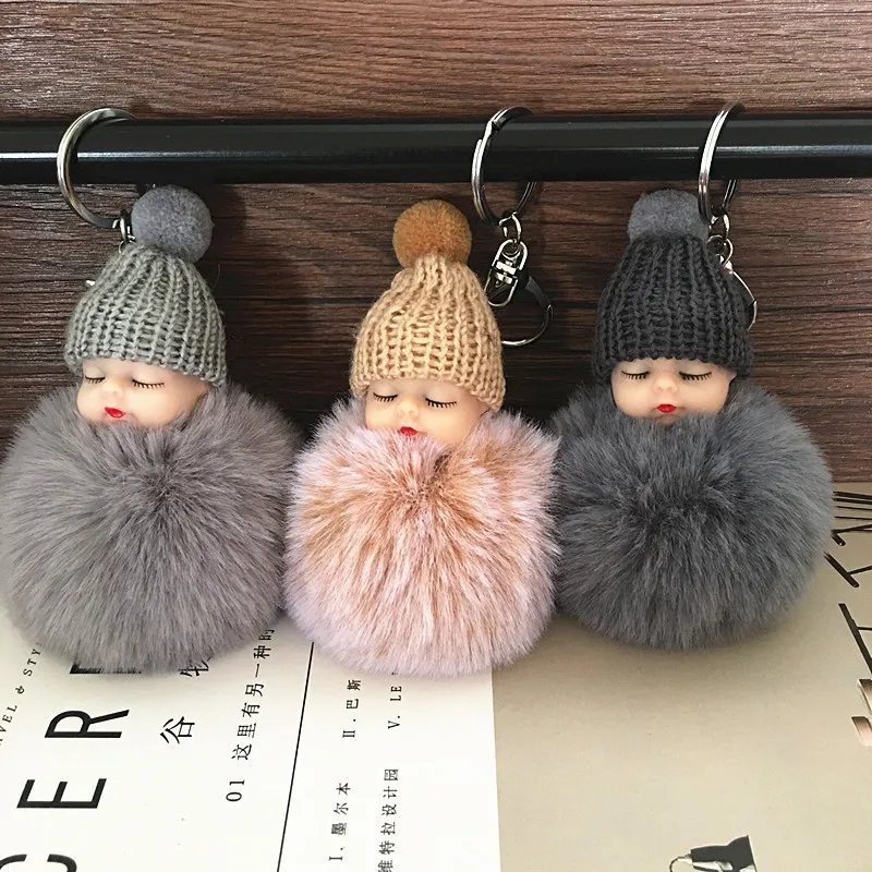 Plush Dolls 10Pcs Sleeping Baby Doll Keychain Pompom Rabbit Fur Ball Key Chain Car Keyring Women Key Holder Bag Pendant Charm Accessories 230621