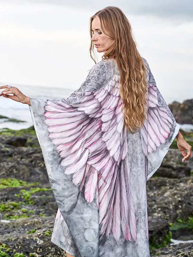 2023 Bohemian Kimono Beachwear Kaftan Badeanzug Cover Up Tunika Pareo Kleid Strand Batwing Loose Pink Print Strand